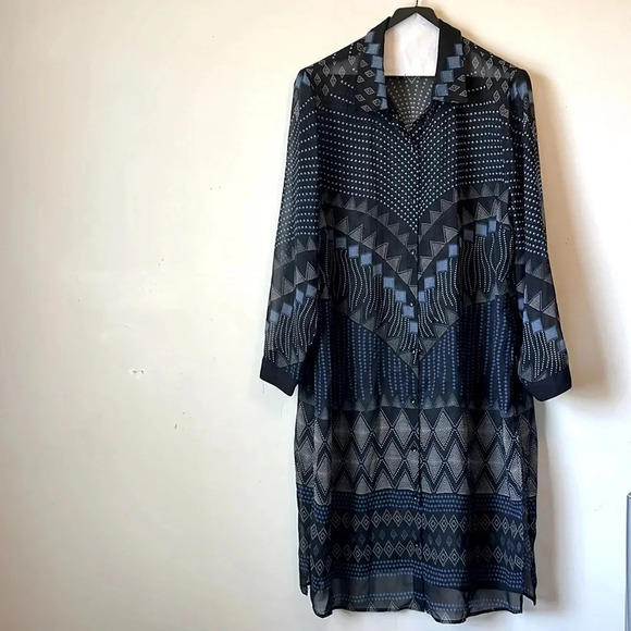 Ashley Stewart Women’s Sheer Black Blue Print Plus Dress with Side Splits - Picture 1 of 10